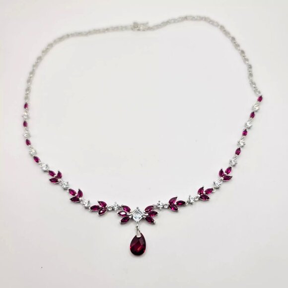 Sterling Silver 925 Red Ruby & White Sapphire Necklace - Picture 2 of 4